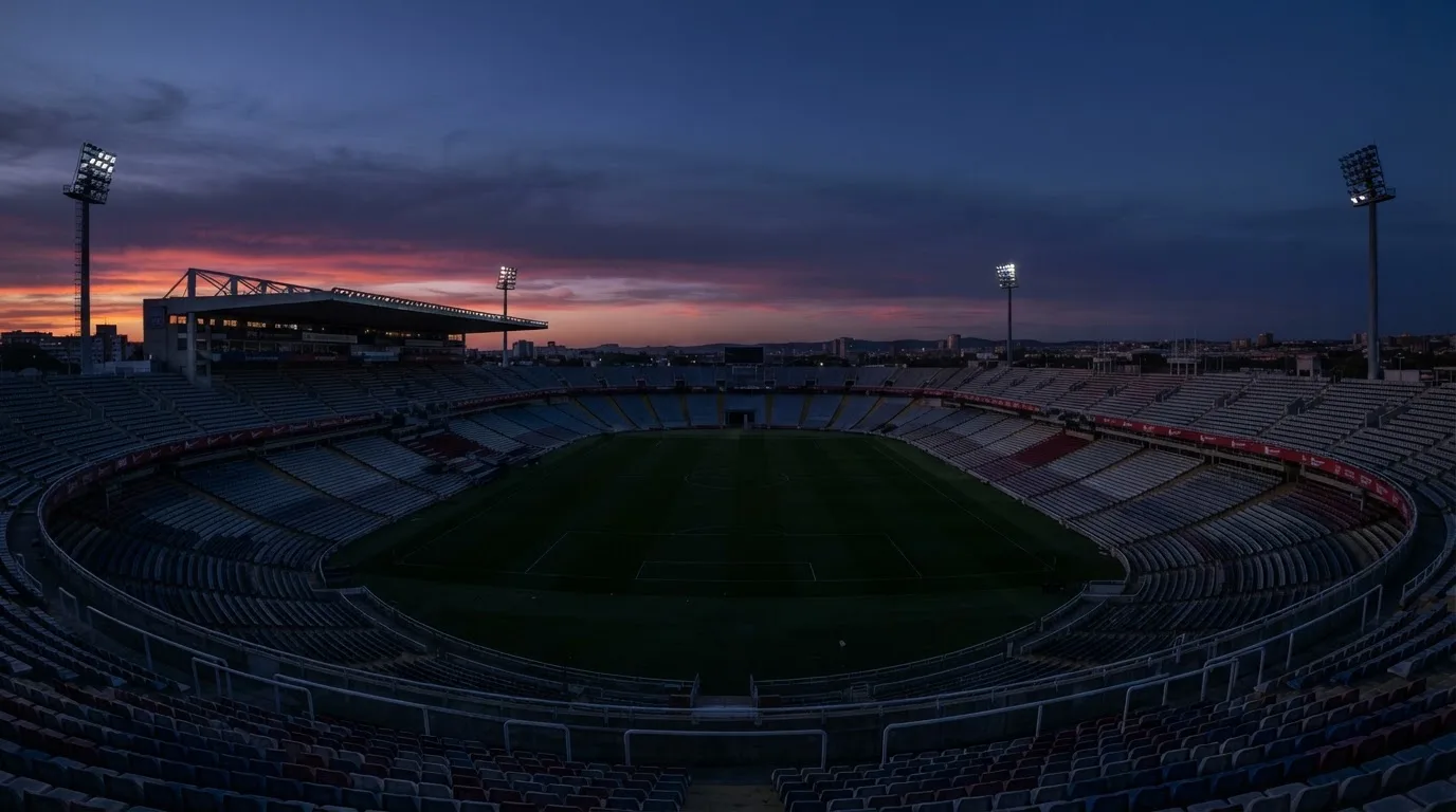 An empty football stadium with floodlight masts at dusk