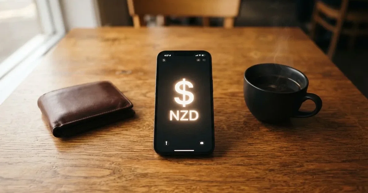 A smartphone on a wooden table beside a wallet and a coffee cup
