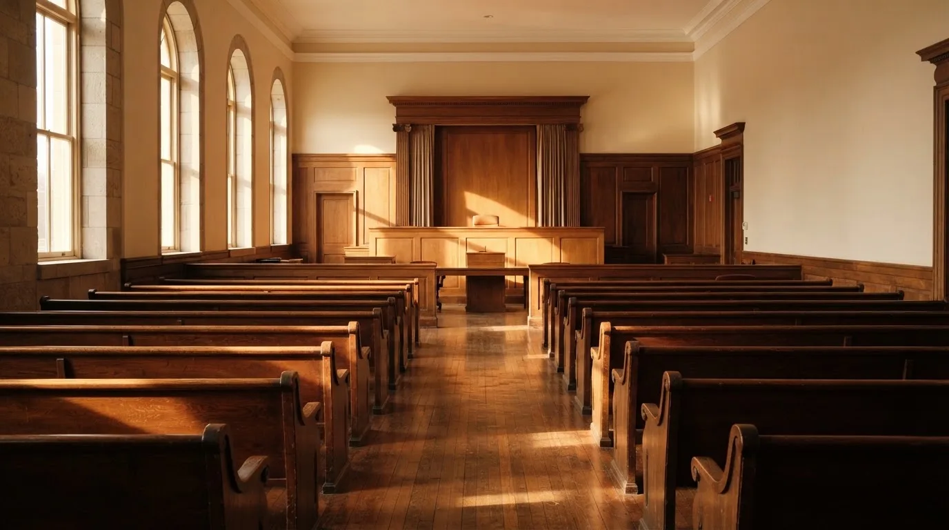 An empty courtroom with wooden benches in morning light